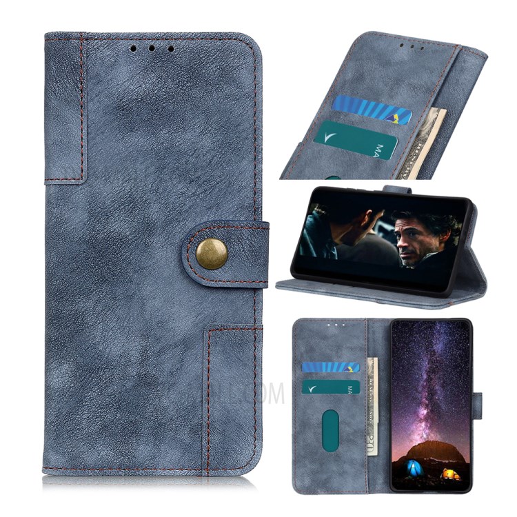 Brass Magnetic Clasp Stand Wallet Leather Protector Cover for Motorola Edge Plus - Blue-1