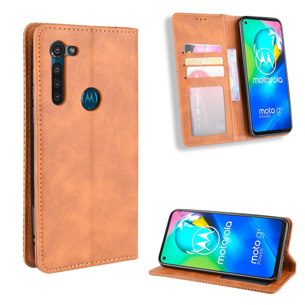 Retro Magnetic Leather Wallet Phone Cover for Motorola Moto G8 - Brown-1