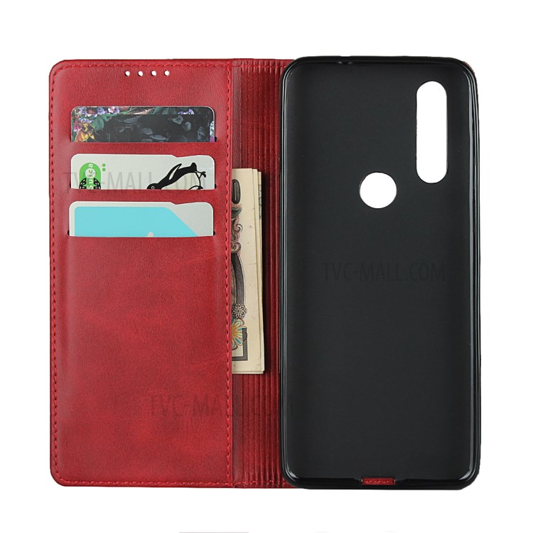 Auto-absorbed PU Leather Wallet Case for Motorola One Action - Red-4