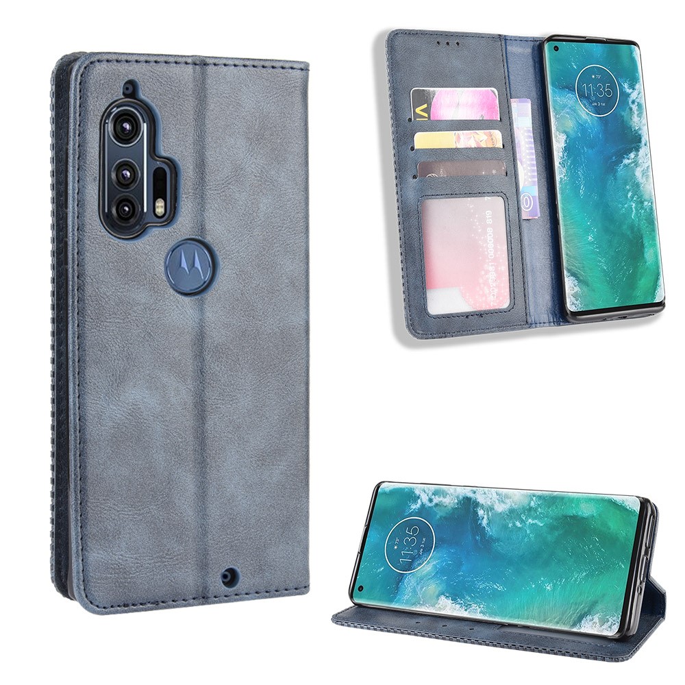 Retro Magnetic Leather Wallet Phone Cover for Motorola Edge Plus - Blue-1