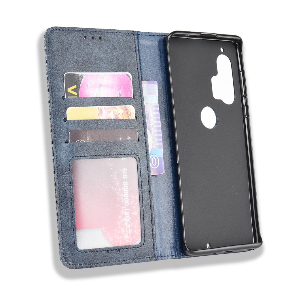 Retro Magnetic Leather Wallet Phone Cover for Motorola Edge Plus - Blue-5