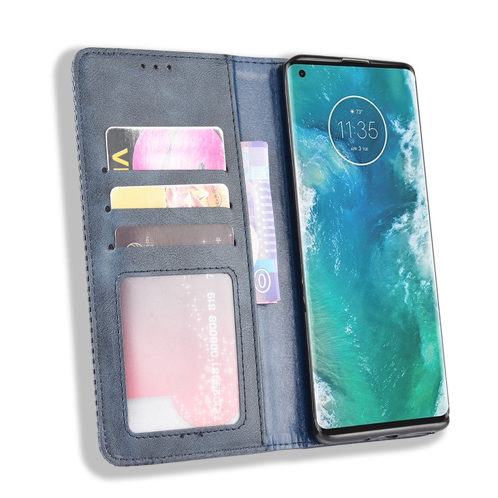 Retro Magnetic Leather Wallet Phone Cover for Motorola Edge Plus - Blue-6