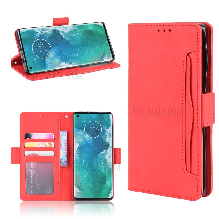 Wallet Leather Stand Case with Multiple Card Slots for Motorola Edge Plus - Red-1