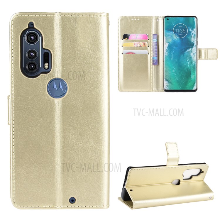Crazy Horse Surface Leather Wallet Stand Case for Motorola Edge Plus - Gold-1
