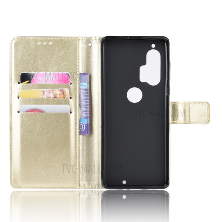 Crazy Horse Surface Leather Wallet Stand Case for Motorola Edge Plus - Gold-6