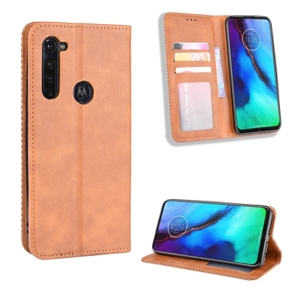 Auto-absorbed Retro Leather Wallet Protector Case for Motorola Moto G Stylus / G Pro - Brown-1