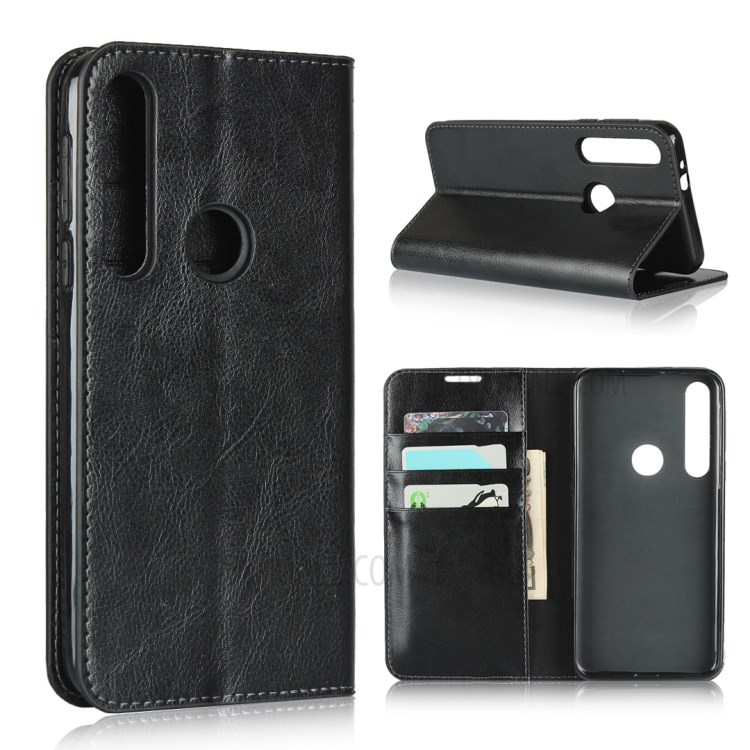 Crazy Horse Skin Genuine Leather Wallet Phone Case for Motorola Moto G8 Play - Black-1