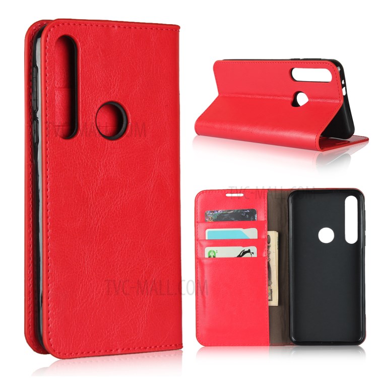 Crazy Horse Skin Genuine Leather Wallet Phone Case for Motorola Moto G8 Play - Red-1