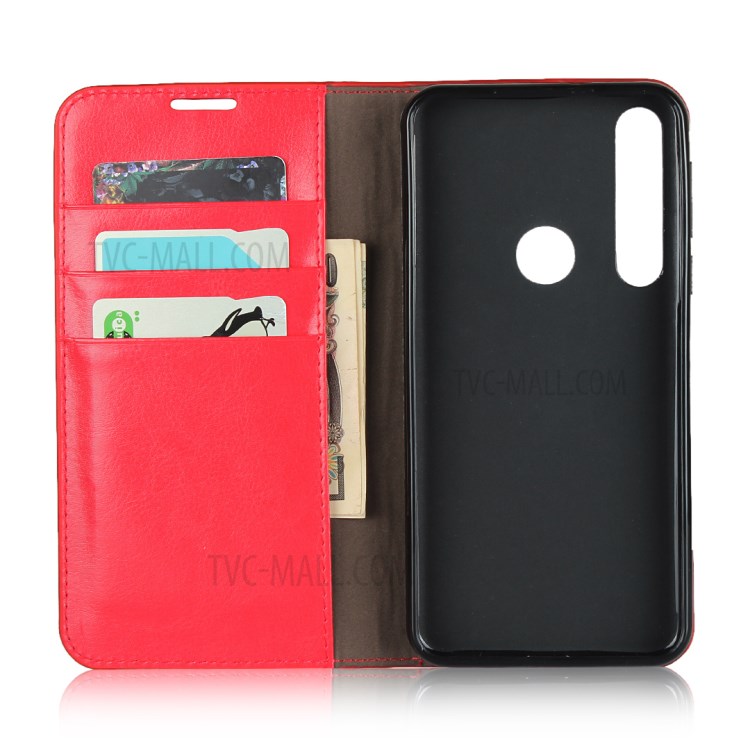 Crazy Horse Skin Genuine Leather Wallet Phone Case for Motorola Moto G8 Play - Red-4