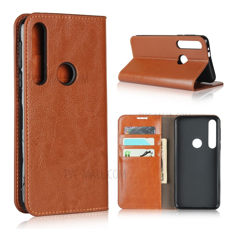 Crazy Horse Skin Genuine Leather Wallet Phone Case for Motorola Moto G8 Play - Brown-1