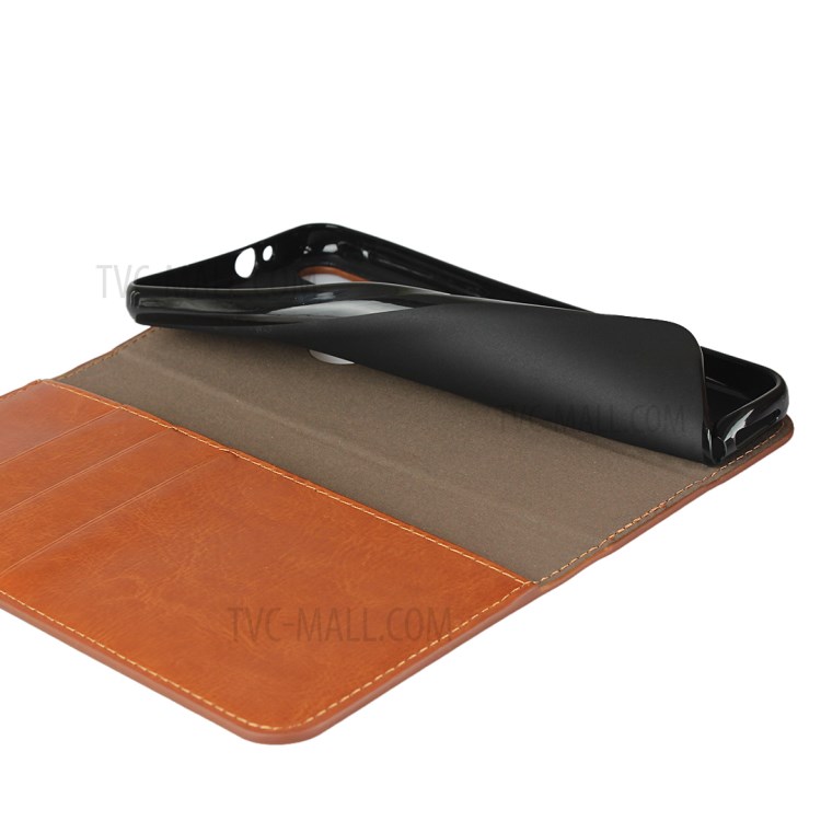 Crazy Horse Skin Genuine Leather Wallet Phone Case for Motorola Moto G8 Play - Brown-7