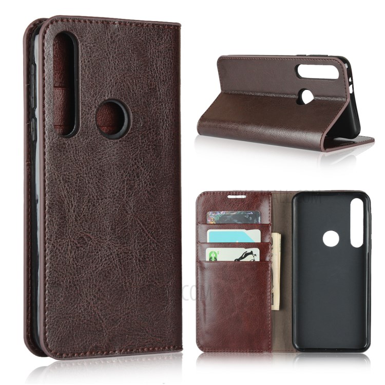 Crazy Horse Skin Genuine Leather Wallet Phone Case for Motorola Moto G8 Play - Coffee-1