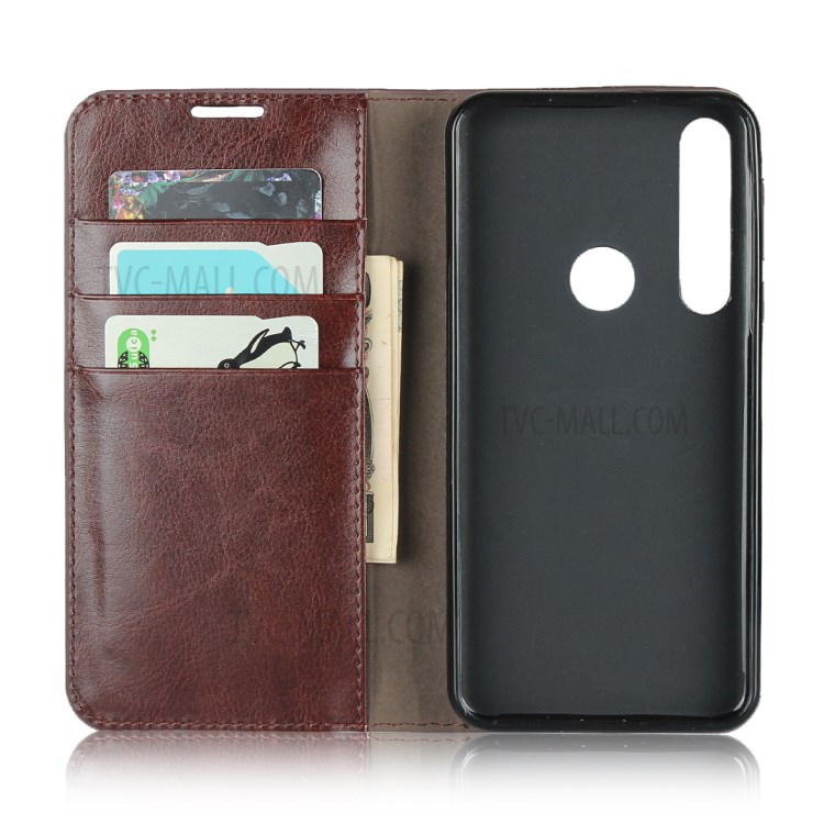 Crazy Horse Skin Genuine Leather Wallet Phone Case for Motorola Moto G8 Play - Coffee-4
