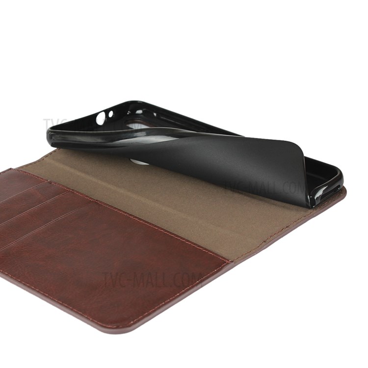 Crazy Horse Skin Genuine Leather Wallet Phone Case for Motorola Moto G8 Play - Coffee-7