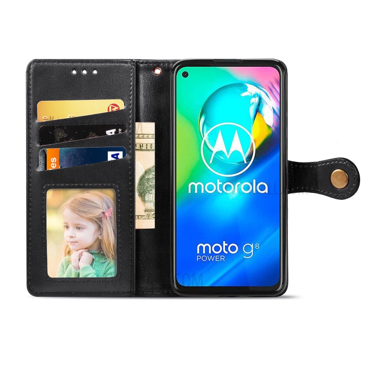 Round Buckle Wallet Leather Stand Phone Case for Motorola Moto G8 Power - Black-4