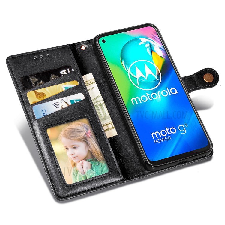 Round Buckle Wallet Leather Stand Phone Case for Motorola Moto G8 Power - Black-7