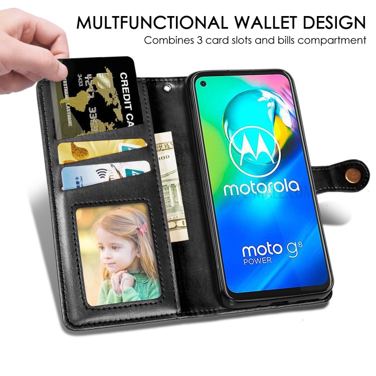 Round Buckle Wallet Leather Stand Phone Case for Motorola Moto G8 Power - Black-8