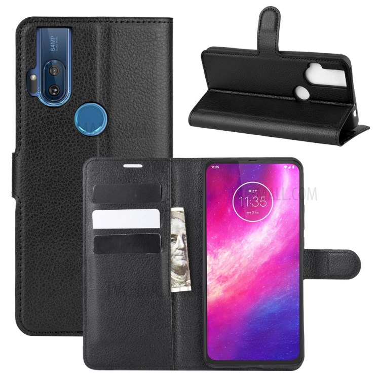 Litchi Skin Leather Cell Phone Cover for Motorola One Hyper - Black-1