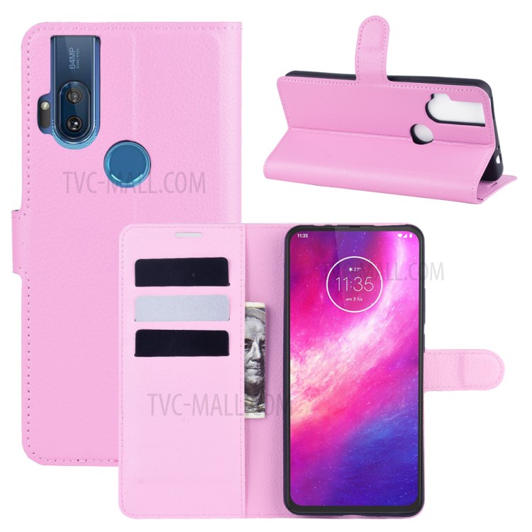 Litchi Skin Leather Cell Phone Cover for Motorola One Hyper - Pink-1