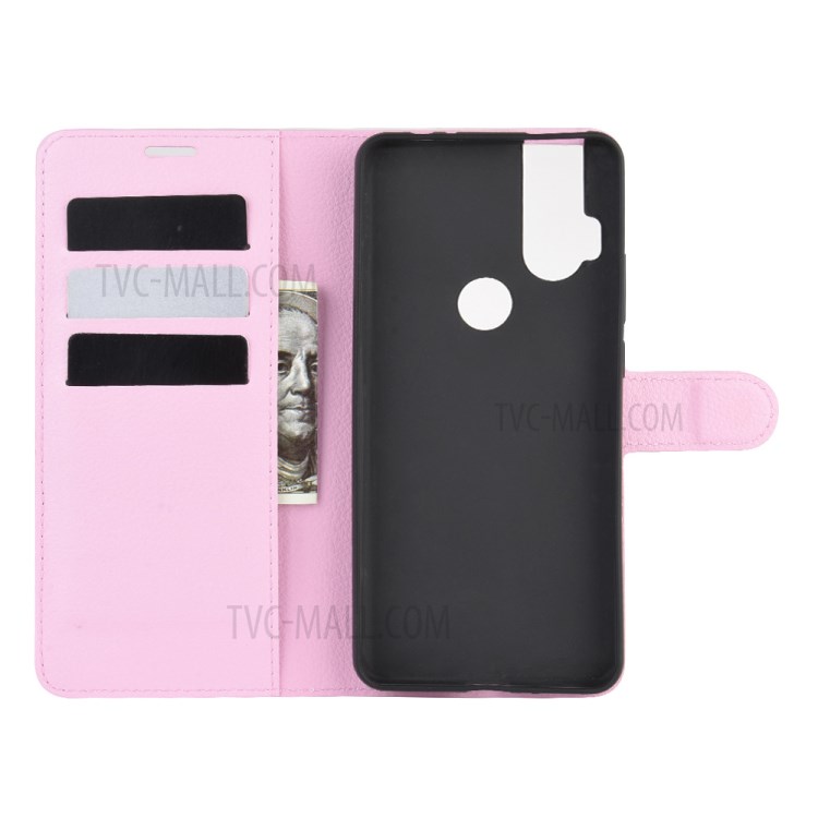 Litchi Skin Leather Cell Phone Cover for Motorola One Hyper - Pink-3