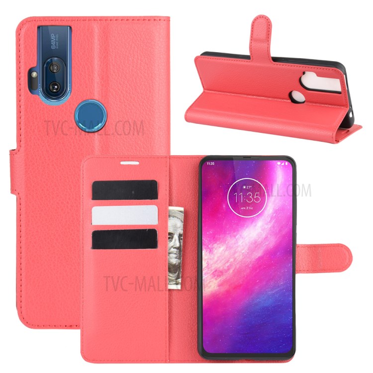 Litchi Skin Leather Cell Phone Cover for Motorola One Hyper - Red-1