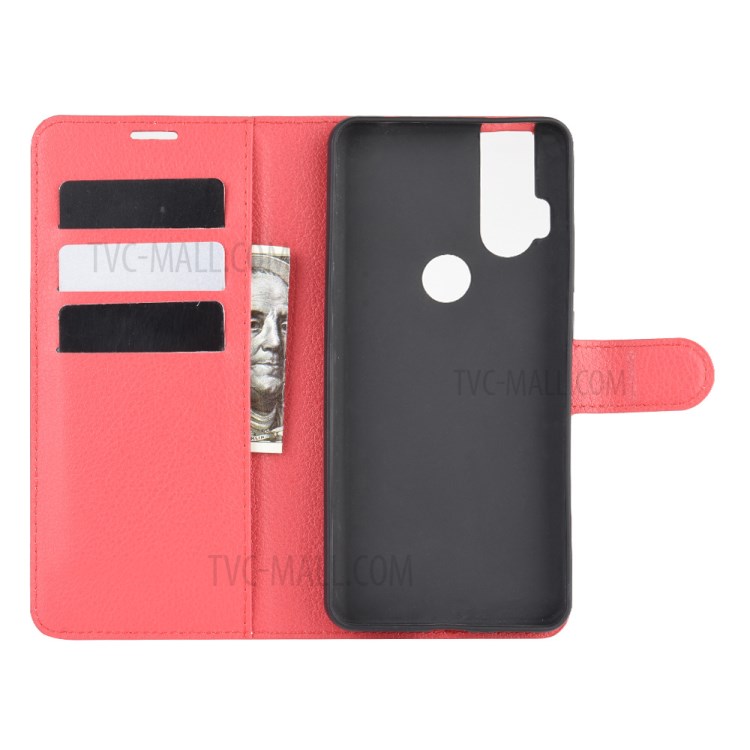 Litchi Skin Leather Cell Phone Cover for Motorola One Hyper - Red-3