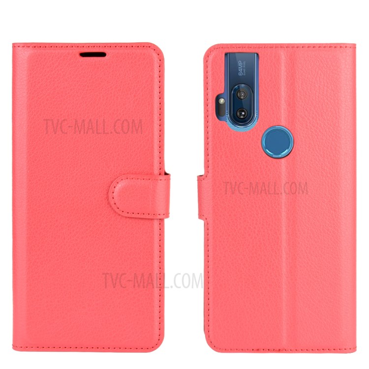 Litchi Skin Leather Cell Phone Cover for Motorola One Hyper - Red-6