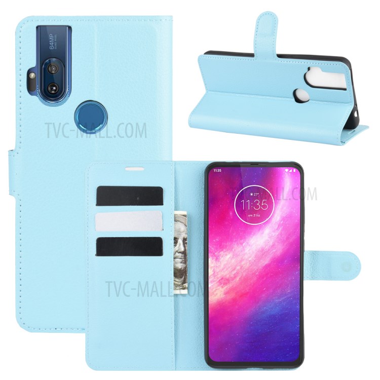 Litchi Skin Leather Cell Phone Cover for Motorola One Hyper - Blue-1