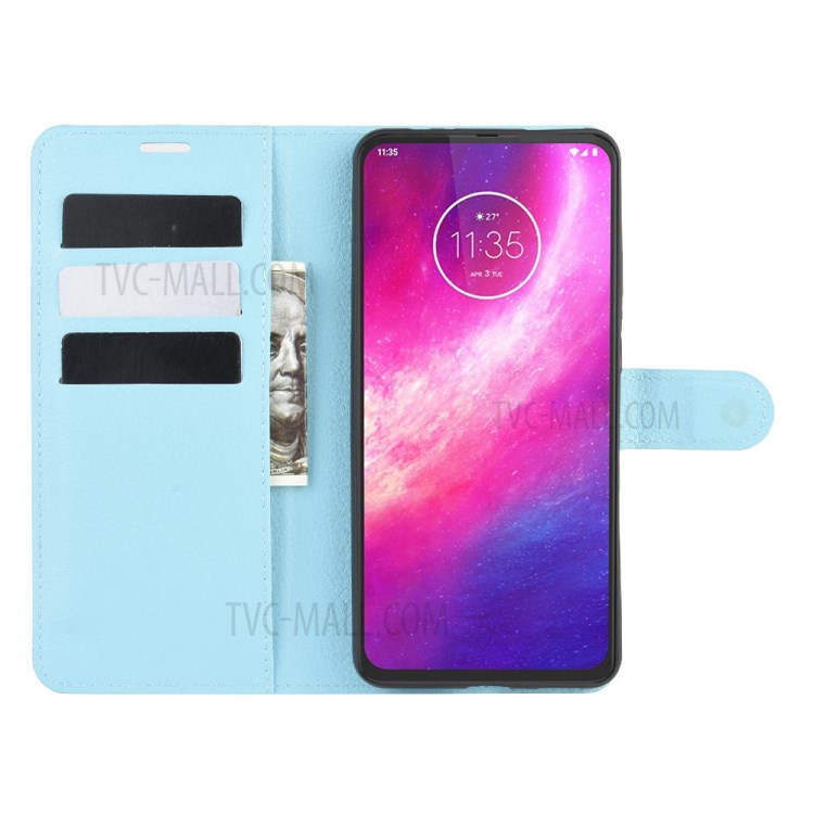 Litchi Skin Leather Cell Phone Cover for Motorola One Hyper - Blue-4