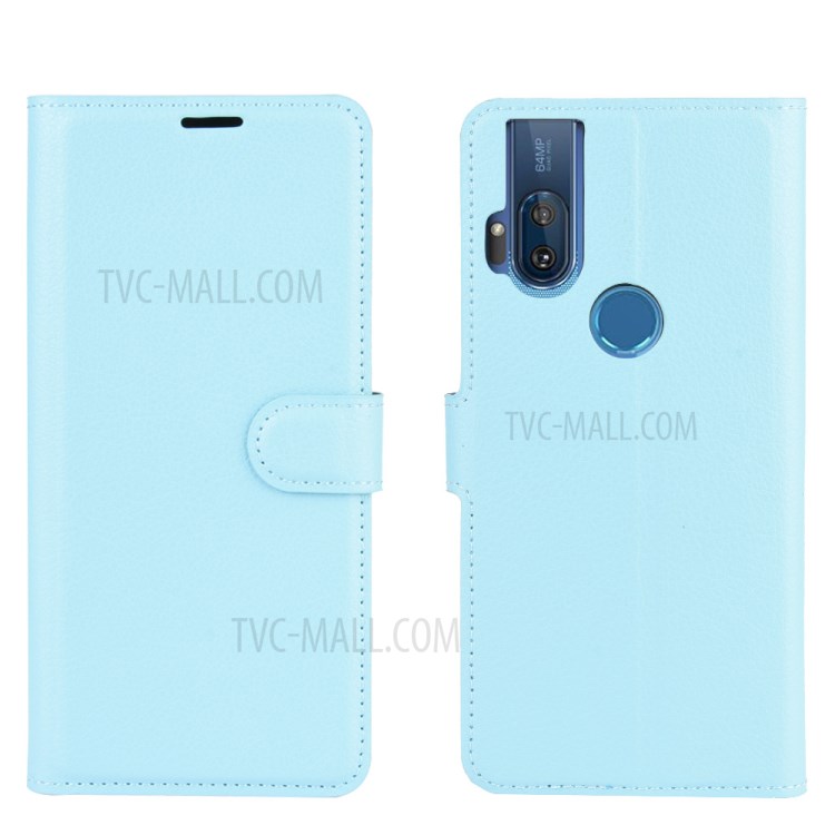 Litchi Skin Leather Cell Phone Cover for Motorola One Hyper - Blue-6