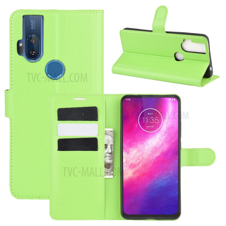 Litchi Skin Leather Cell Phone Cover for Motorola One Hyper - Green-1