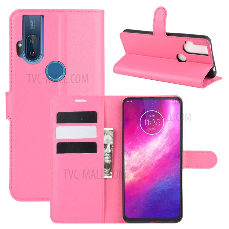 Litchi Skin Leather Cell Phone Cover for Motorola One Hyper - Rose-1