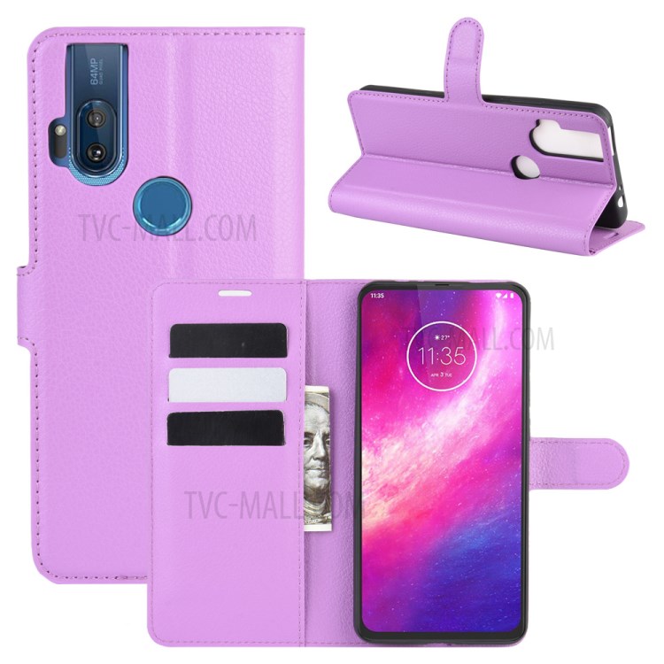 Litchi Skin Leather Cell Phone Cover for Motorola One Hyper - Purple-1