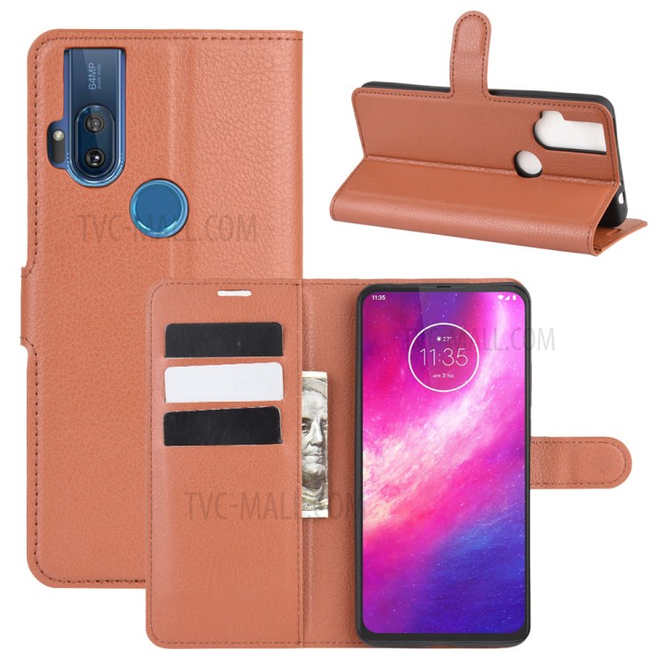 Litchi Skin Leather Cell Phone Cover for Motorola One Hyper - Brown-1
