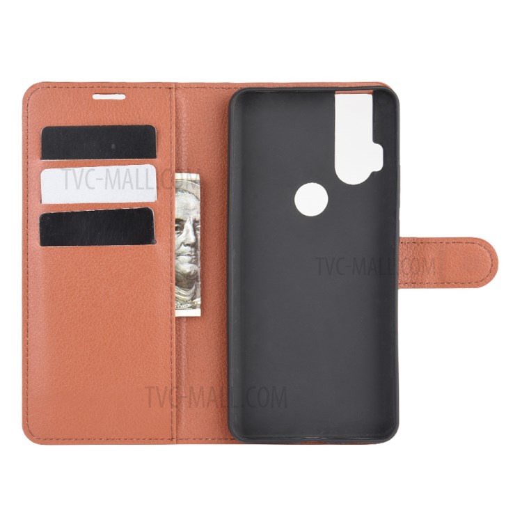 Litchi Skin Leather Cell Phone Cover for Motorola One Hyper - Brown-3