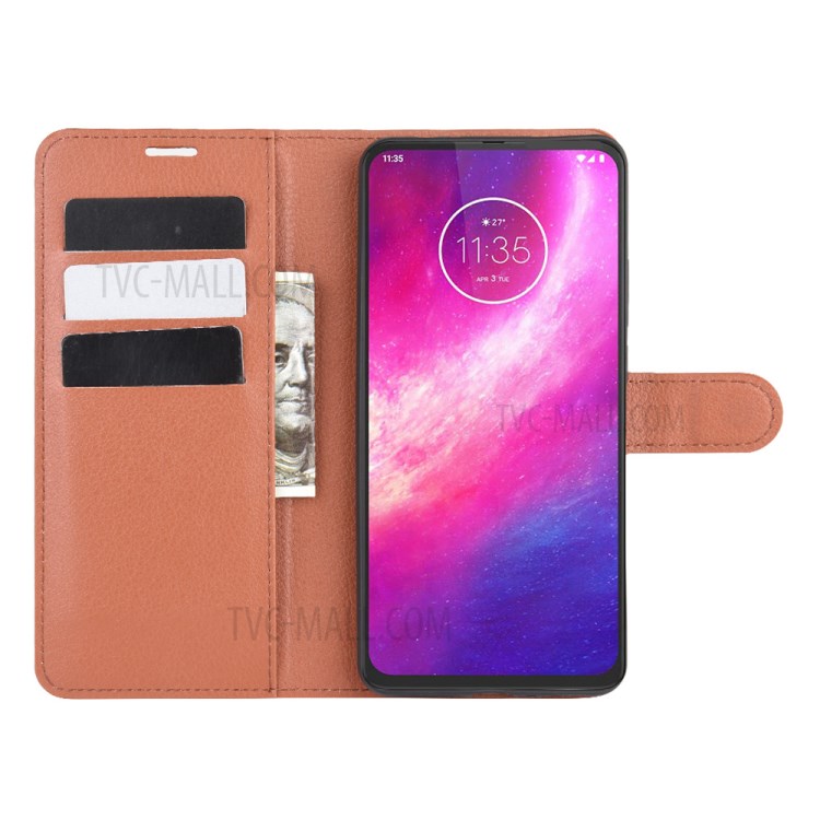 Litchi Skin Leather Cell Phone Cover for Motorola One Hyper - Brown-4