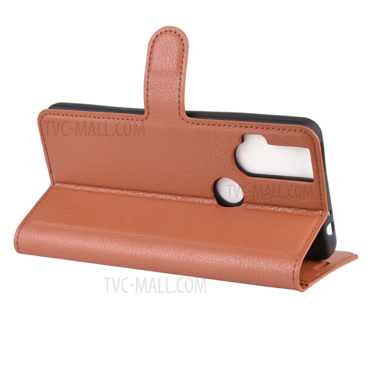 Litchi Skin Leather Cell Phone Cover for Motorola One Hyper - Brown-5