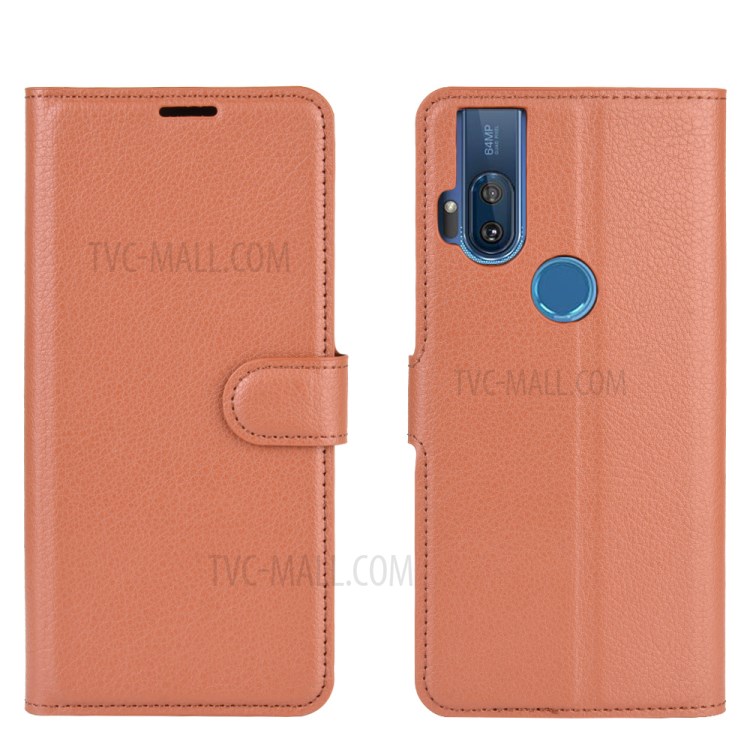 Litchi Skin Leather Cell Phone Cover for Motorola One Hyper - Brown-6