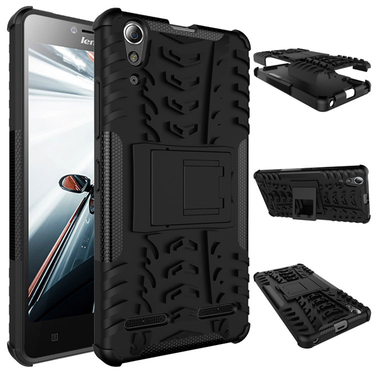 PC TPU Phone Cover for Lenovo A6000/A6000 Plus with Kickstand - Black-2