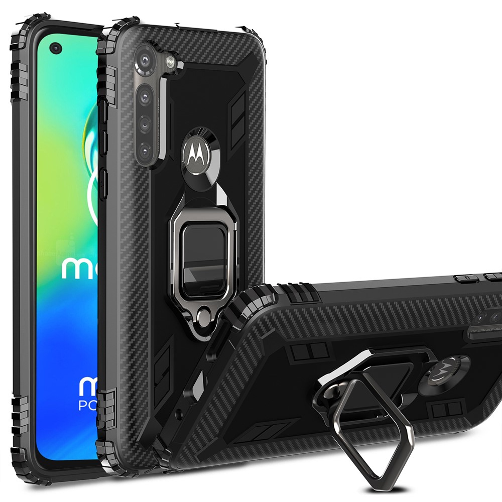 Finger Ring Kickstand Drop-proof TPU Protective Cover for Motorola Moto G8 Power - Black-1