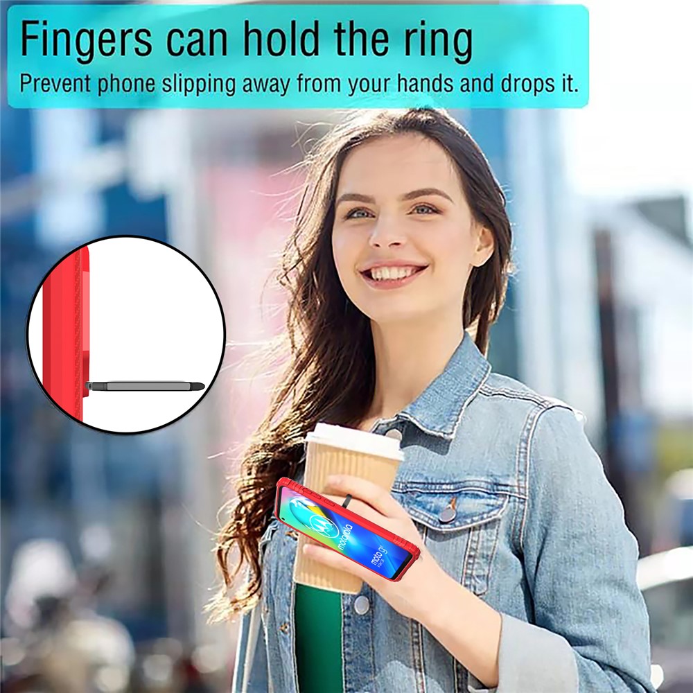 Finger Ring Kickstand Drop-proof TPU Protective Cover for Motorola Moto G8 Power - Red-7