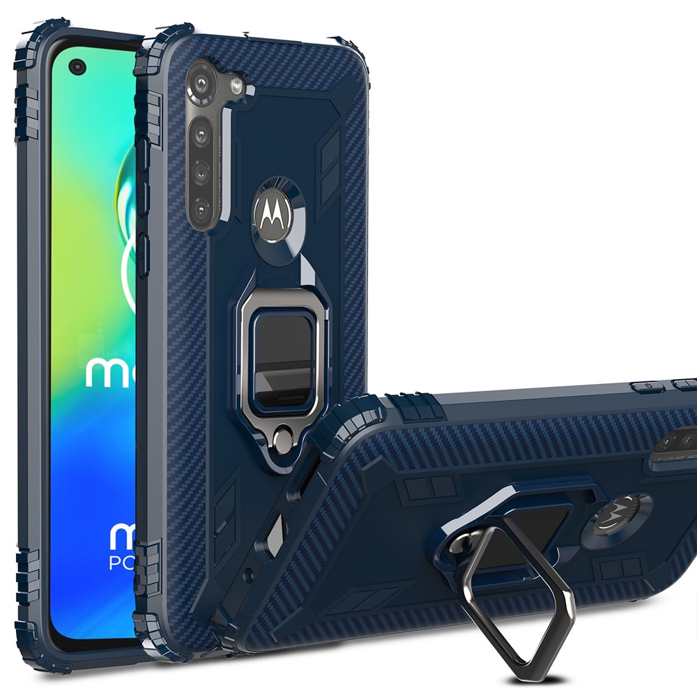 Finger Ring Kickstand Drop-proof TPU Protective Cover for Motorola Moto G8 Power - Blue-1
