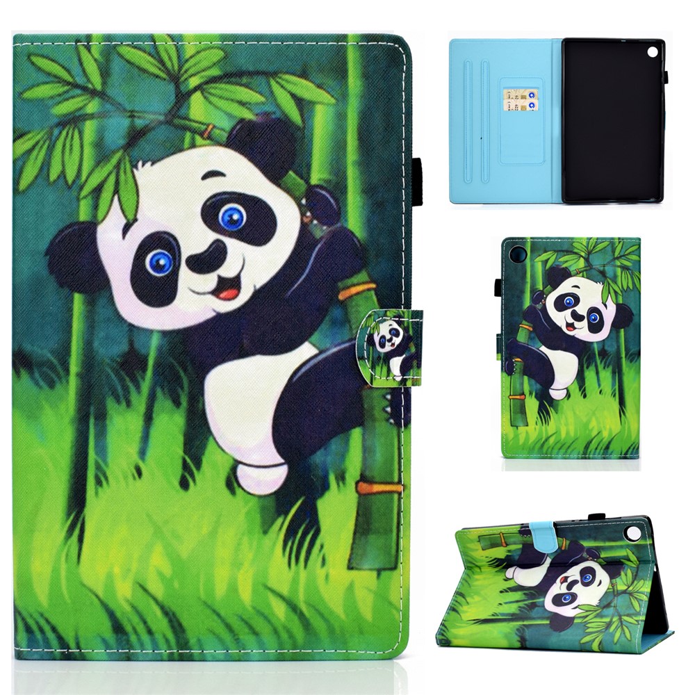 Pattern Printing Stand Card Holder Leather Tablet Case for Lenovo Tab M10 Plus TB-X606F - Panda and Bamboo-1
