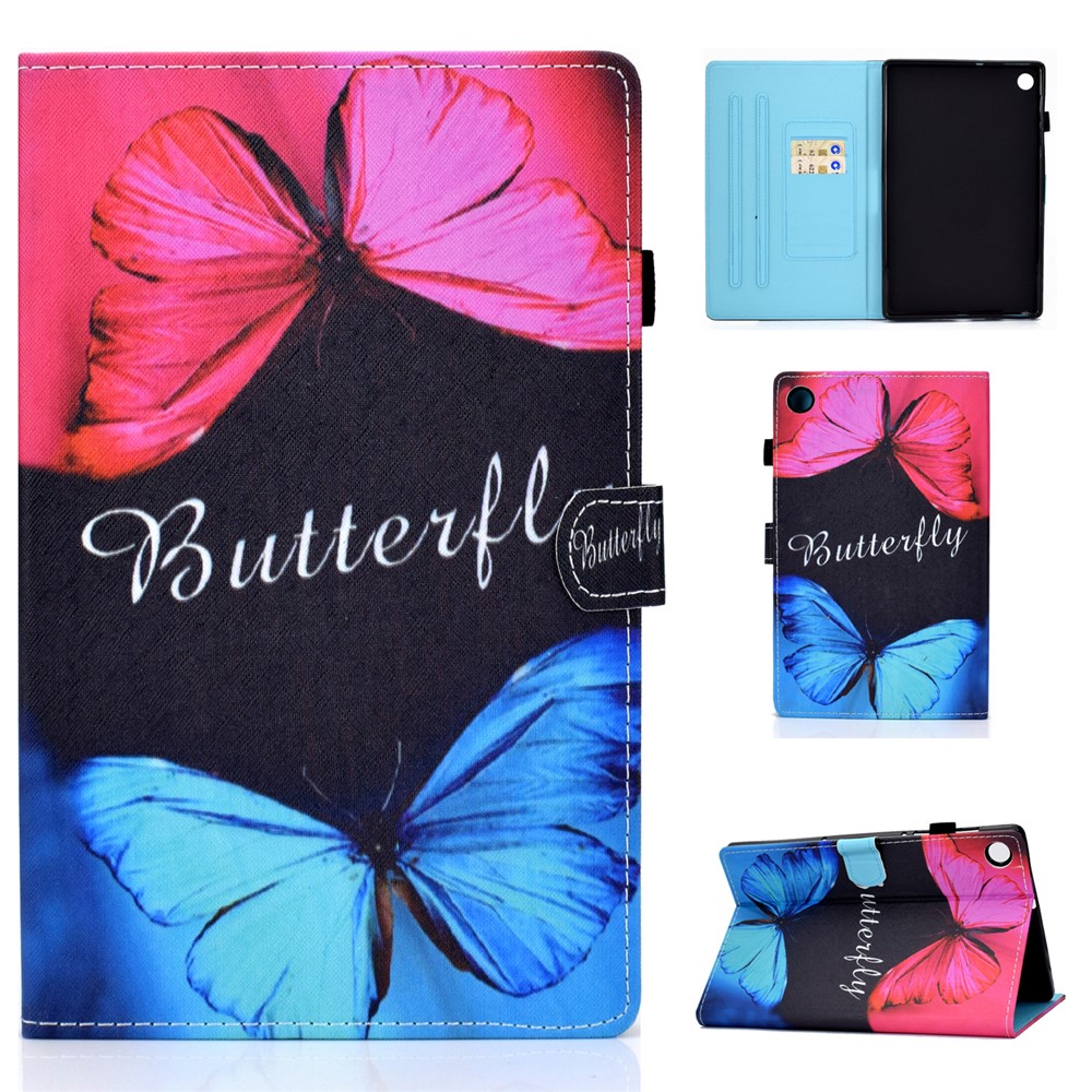 Pattern Printing Stand Card Holder Leather Tablet Case for Lenovo Tab M10 Plus TB-X606F - Blue and Red Butterflies-1