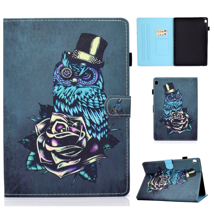 Pattern Printing Leather Card Holder Tablet Case for Lenovo Tab M10 TB-X605F - Rose and Owl-1