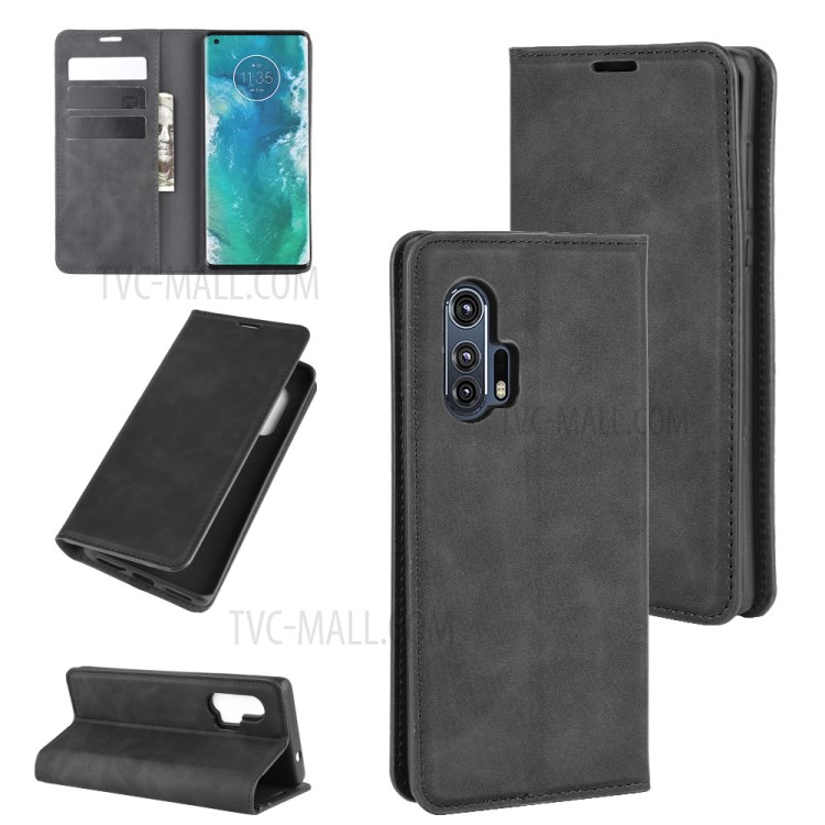 Silky Touch Leather Wallet Cool Cover for Motorola Edge Plus - Black-1