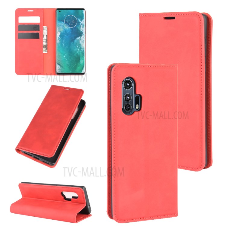 Silky Touch Leather Wallet Cool Cover for Motorola Edge Plus - Red-1