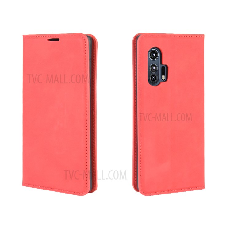 Silky Touch Leather Wallet Cool Cover for Motorola Edge Plus - Red-2