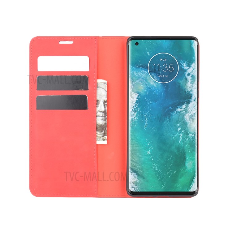 Silky Touch Leather Wallet Cool Cover for Motorola Edge Plus - Red-4