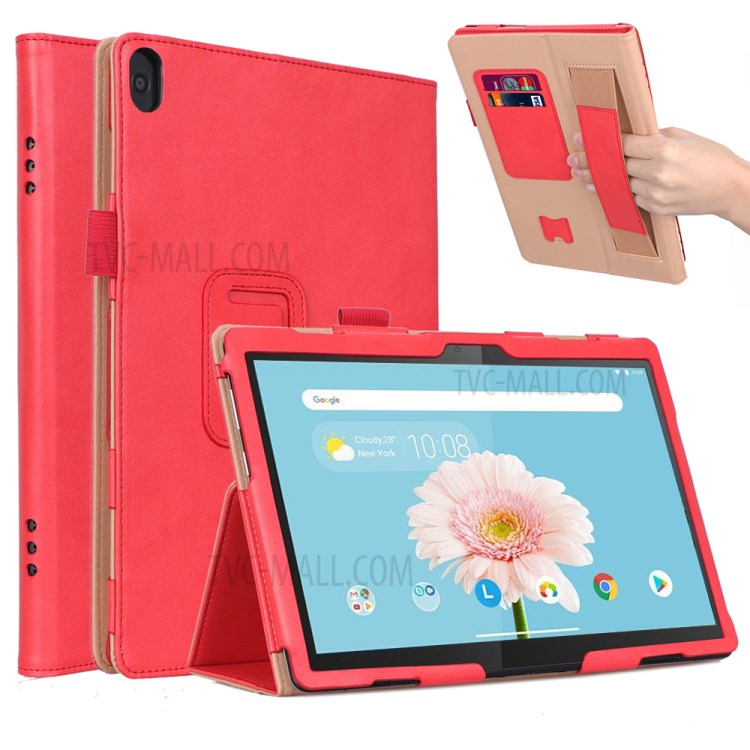 PU Leather Tablet Shell with Elastic Hand Strap for Lenovo Tab M10 TB-X605F - Red-1